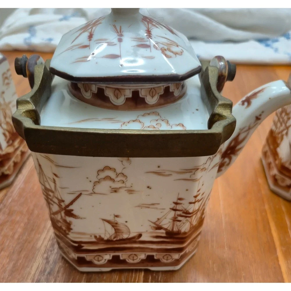 Japan Tea Set Vintage 40s 50s White Brown Nautical Ship Tea Caddies Teapot